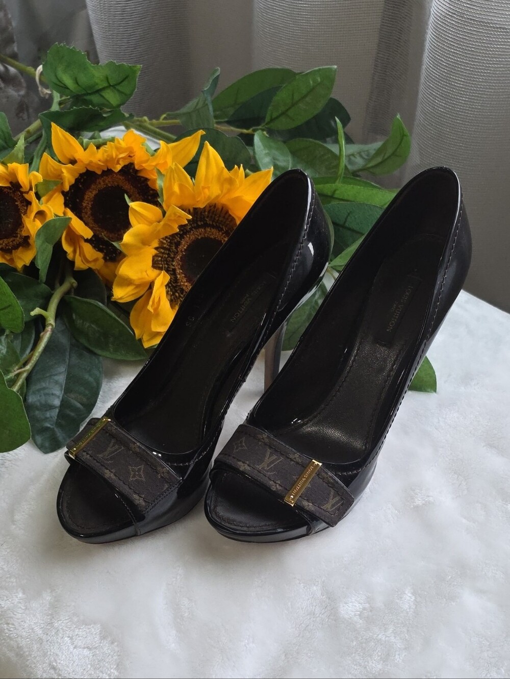 Louis Vuitton Black Patent Leather Open-Toe Pumps with Monogram Strap